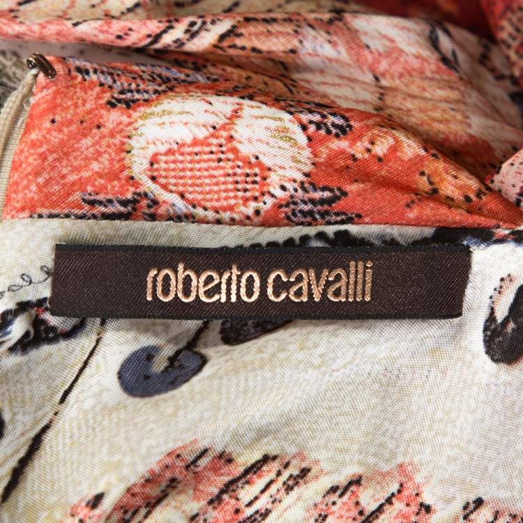 مملوكة مسبقًا Roberto Cavalli Multicolor Printed Jersey Brooch Detail Draped Maxi Dress L