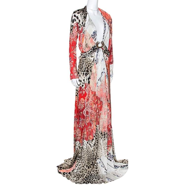 مملوكة مسبقًا Roberto Cavalli Multicolor Printed Jersey Brooch Detail Draped Maxi Dress L