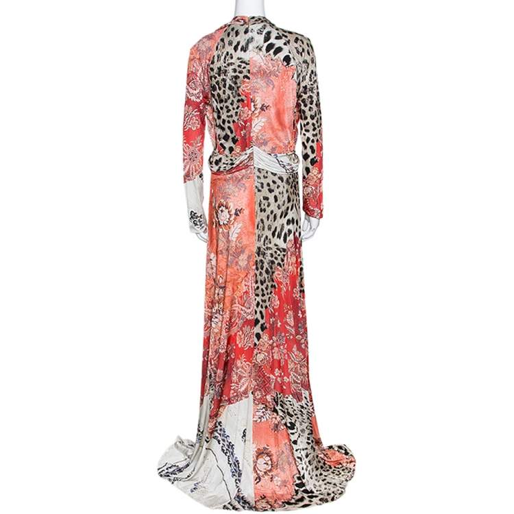 مملوكة مسبقًا Roberto Cavalli Multicolor Printed Jersey Brooch Detail Draped Maxi Dress L