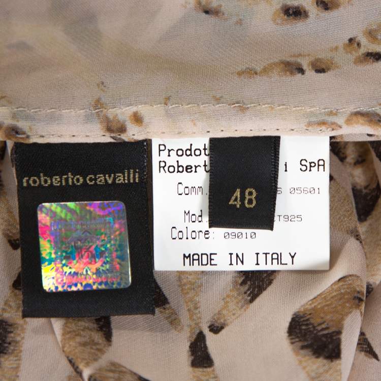 Pre Owned Roberto Cavalli Cream Animal Print Silk Elasticized Drop Waist Blouse L
