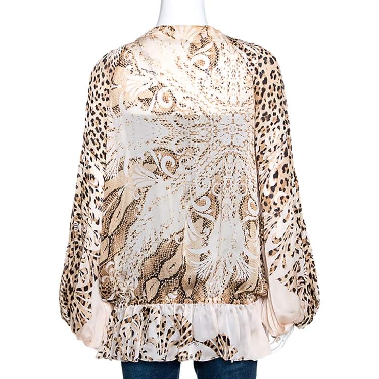 Pre Owned Roberto Cavalli Cream Animal Print Silk Elasticized Drop Waist Blouse L