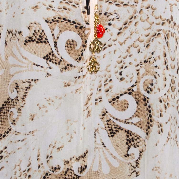 Pre Owned Roberto Cavalli Cream Animal Print Silk Elasticized Drop Waist Blouse L