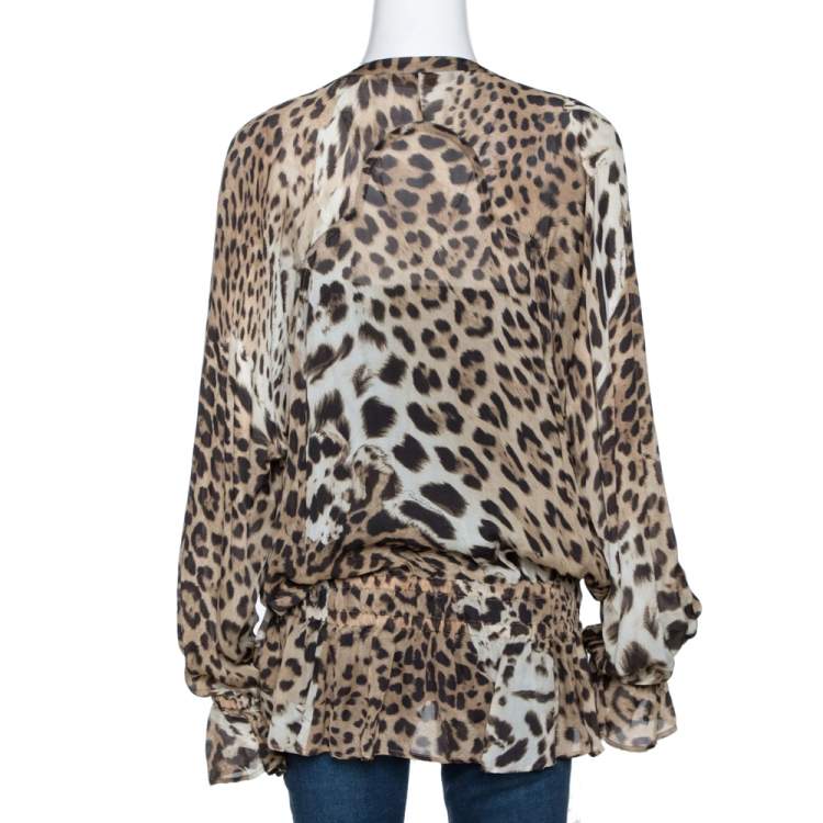 Pre Owned Roberto Cavalli Brown Leopard Print Silk Tie Detail Sheer Top L