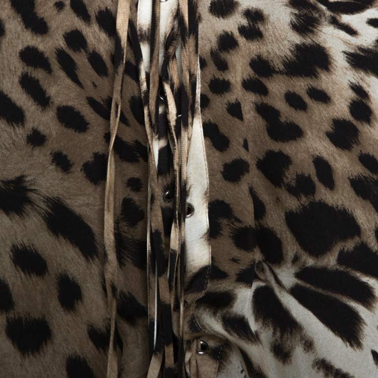 Pre Owned Roberto Cavalli Brown Leopard Print Silk Tie Detail Sheer Top L