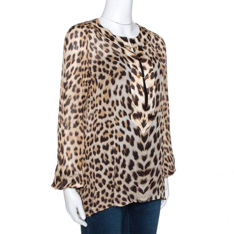مملوكة مسبقًا Roberto Cavalli Brown Leopard Print Silk Long Sleeve Blouse M