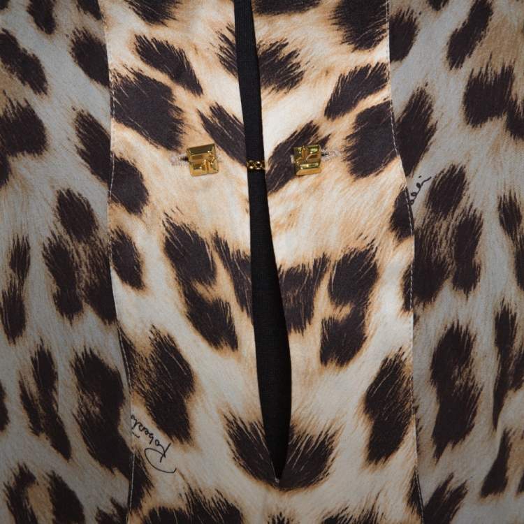 مملوكة مسبقًا Roberto Cavalli Brown Leopard Print Silk Long Sleeve Blouse M