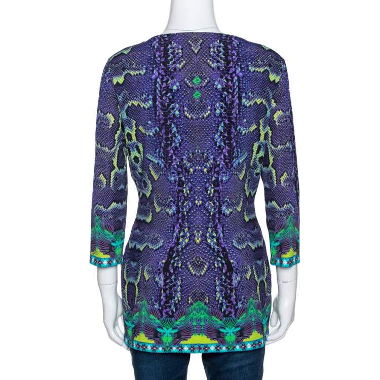 مملوكة مسبقًا Roberto Cavalli Purple Snakeskin Print Jersey Lace Insert Top L