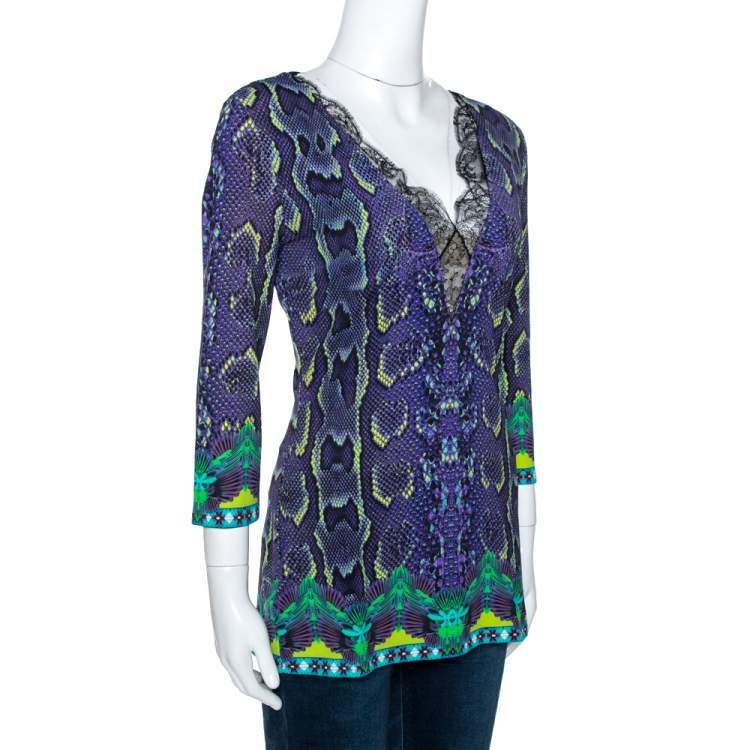 مملوكة مسبقًا Roberto Cavalli Purple Snakeskin Print Jersey Lace Insert Top L