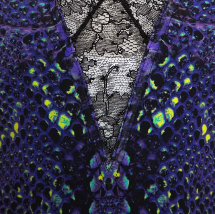 مملوكة مسبقًا Roberto Cavalli Purple Snakeskin Print Jersey Lace Insert Top L