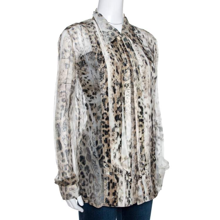 Pre Owned Roberto Cavalli Beige Animal Print Silk Pleated Sheer Shirt L