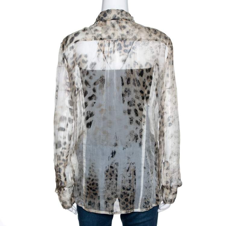Pre Owned Roberto Cavalli Beige Animal Print Silk Pleated Sheer Shirt L