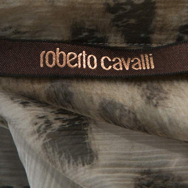 Pre Owned Roberto Cavalli Beige Animal Print Silk Pleated Sheer Shirt L