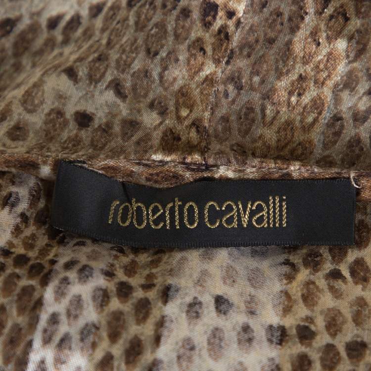 مملوكة مسبقًا Roberto Cavalli Brown Snakekskin Print Silk Smocked Sheer Blouse L