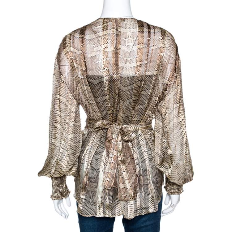 مملوكة مسبقًا Roberto Cavalli Brown Snakekskin Print Silk Smocked Sheer Blouse L