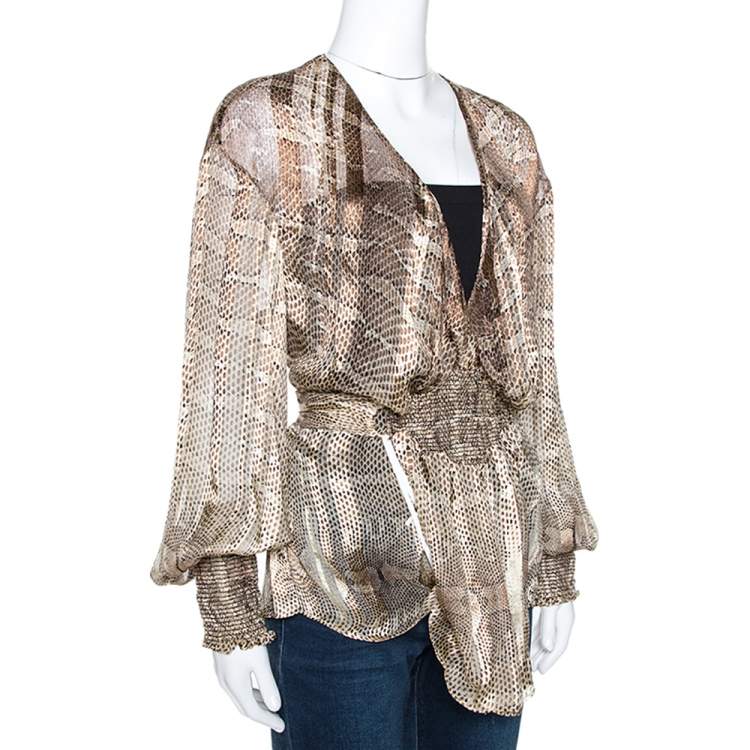 مملوكة مسبقًا Roberto Cavalli Brown Snakekskin Print Silk Smocked Sheer Blouse L