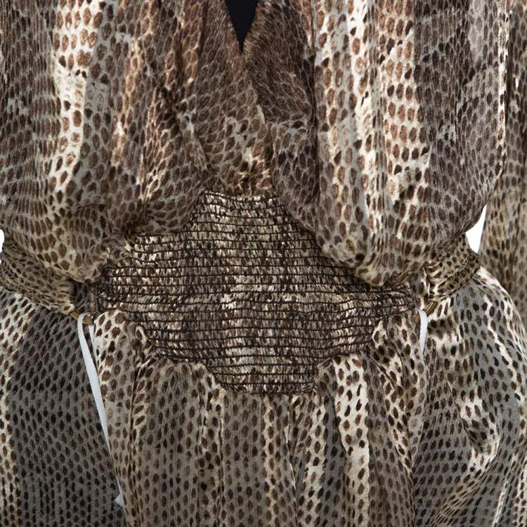 مملوكة مسبقًا Roberto Cavalli Brown Snakekskin Print Silk Smocked Sheer Blouse L