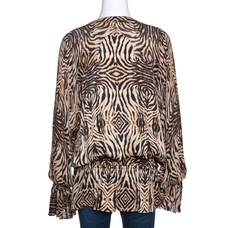 Pre Owned Roberto Cavalli Beige & Black Animal Print Silk Lace Up Blouse L