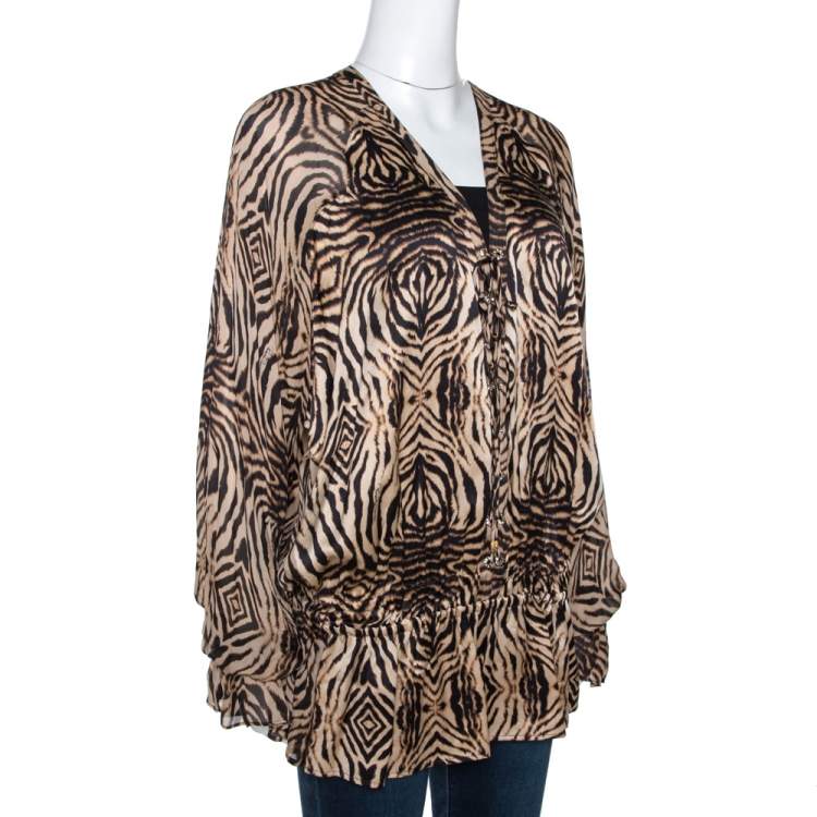 Pre Owned Roberto Cavalli Beige & Black Animal Print Silk Lace Up Blouse L