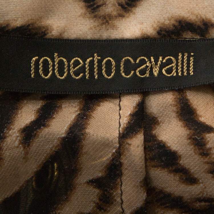 Pre Owned Roberto Cavalli Beige & Black Animal Print Silk Lace Up Blouse L