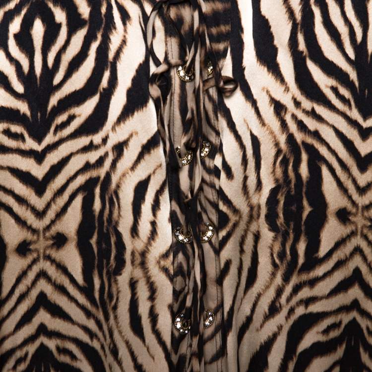 Pre Owned Roberto Cavalli Beige & Black Animal Print Silk Lace Up Blouse L