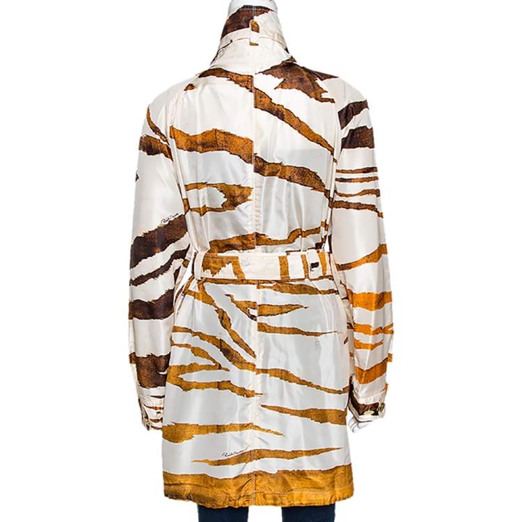Pre Owned Roberto Cavalli Cream Zebra Print Silk Belted Coat M