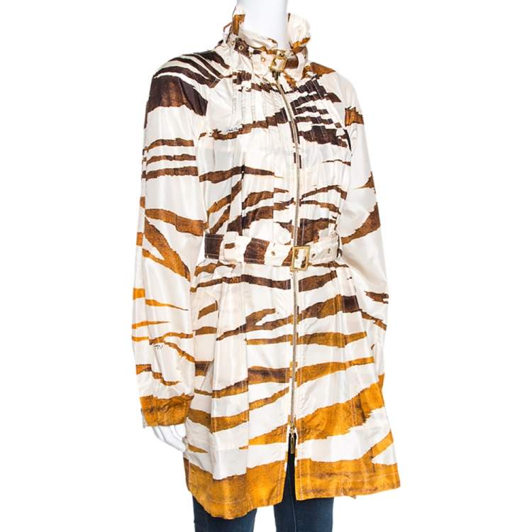 Pre Owned Roberto Cavalli Cream Zebra Print Silk Belted Coat M