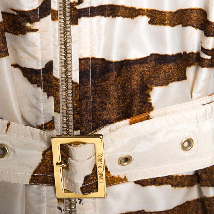 Pre Owned Roberto Cavalli Cream Zebra Print Silk Belted Coat M