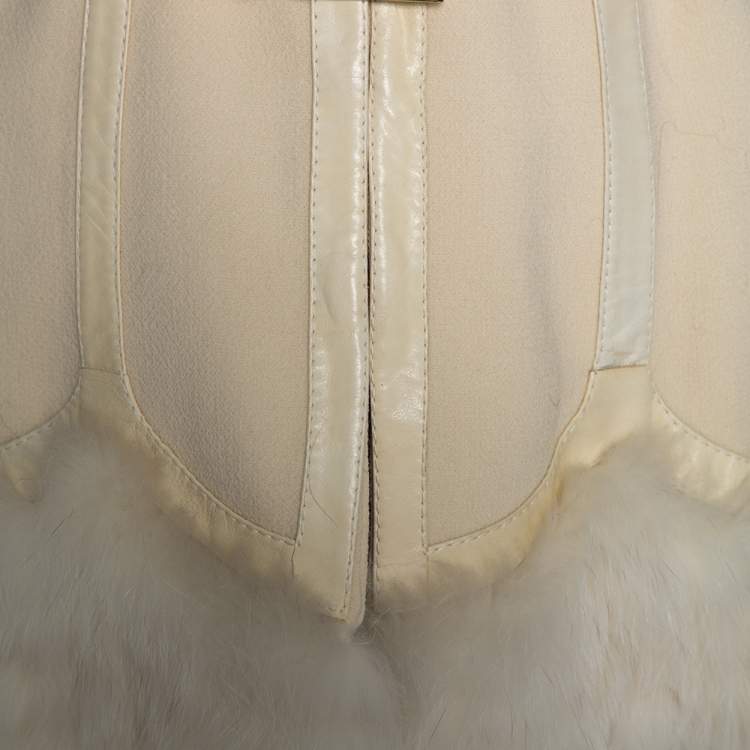 Pre Owned Roberto Cavalli Cream Wool Fox Fur Trim Belted Jacket M