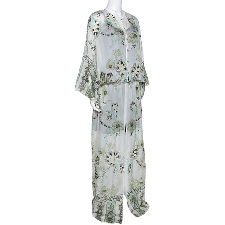 مملوكة مسبقًا Roberto Cavalli Off White Floral Shimmer Print Silk Slit Detail Kaftan L