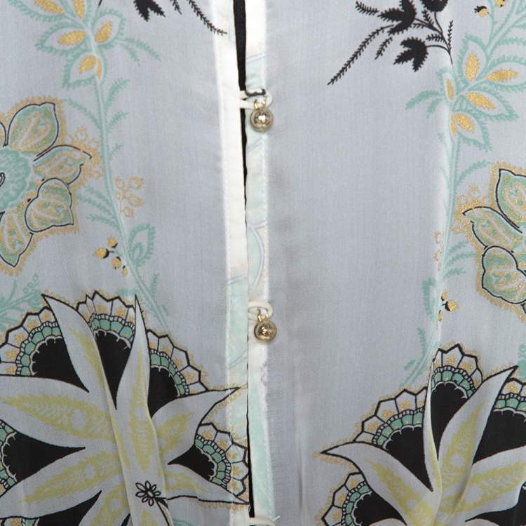 مملوكة مسبقًا Roberto Cavalli Off White Floral Shimmer Print Silk Slit Detail Kaftan L