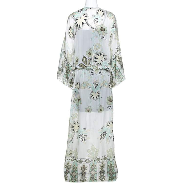 مملوكة مسبقًا Roberto Cavalli Off White Floral Shimmer Print Silk Slit Detail Kaftan L