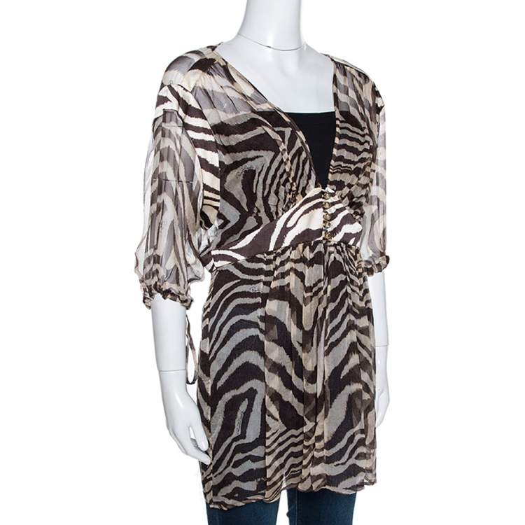 مملوكة مسبقًا Roberto Cavalli Brown Animal Print Silk Sheer Kaftan Top L