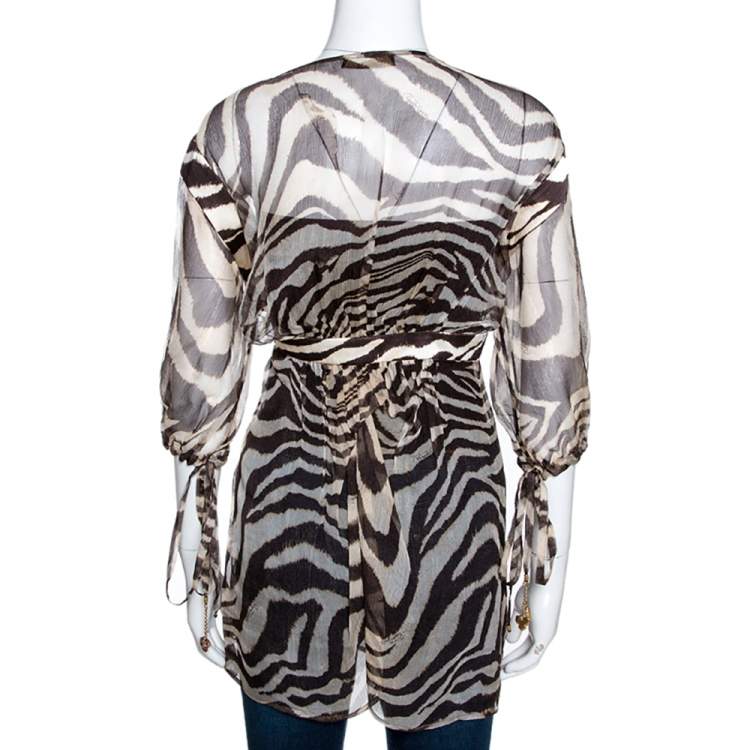 مملوكة مسبقًا Roberto Cavalli Brown Animal Print Silk Sheer Kaftan Top L