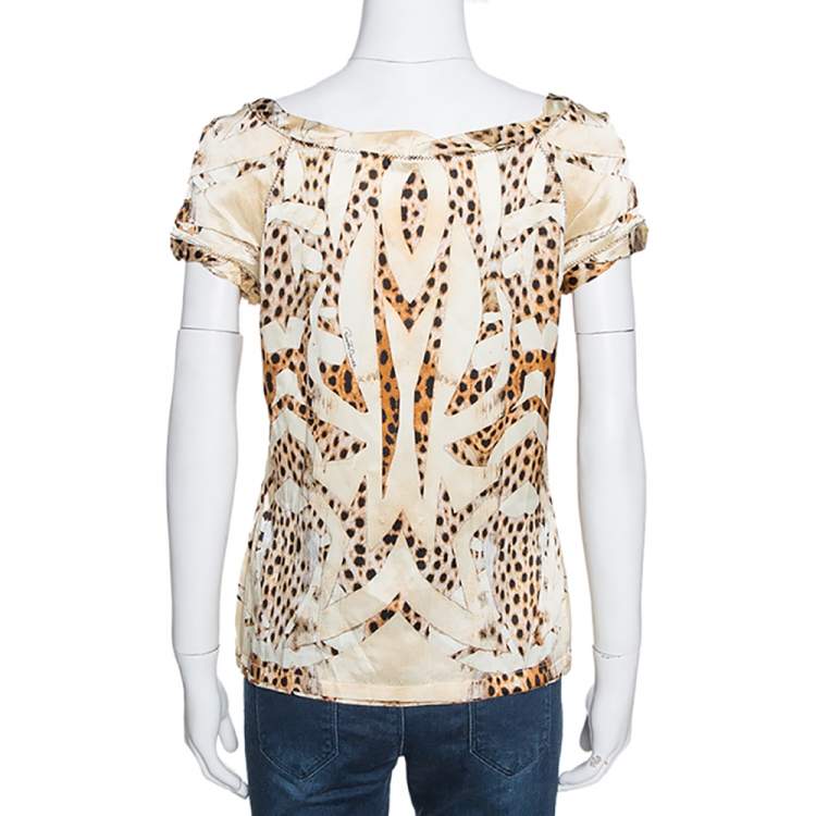 Pre Owned Roberto Cavalli Cream and Beige Silk Leopard Print Short Sleeve Top S