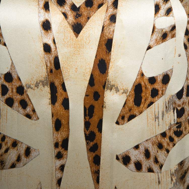 Pre Owned Roberto Cavalli Cream and Beige Silk Leopard Print Short Sleeve Top S