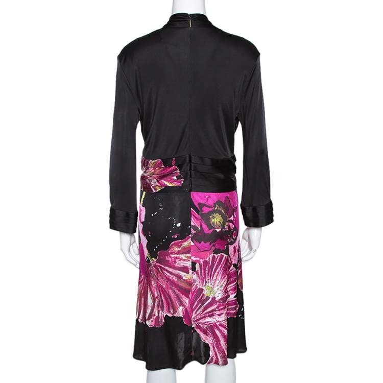 Pre Owned Roberto Cavalli Black Floral Print Stretch Knit Plunge Neck Dress M