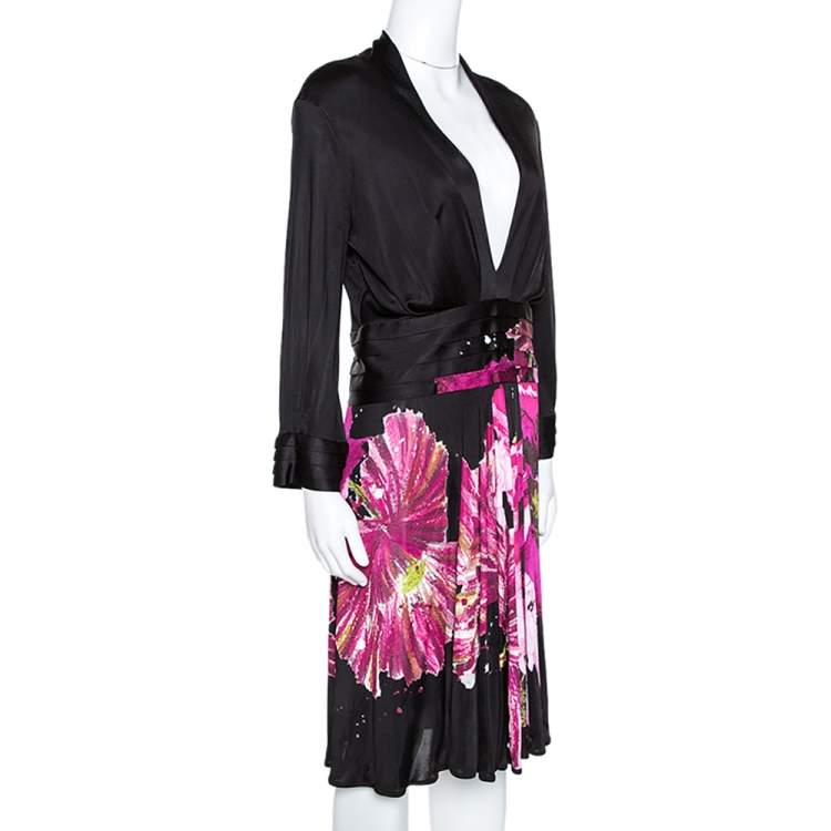 Pre Owned Roberto Cavalli Black Floral Print Stretch Knit Plunge Neck Dress M