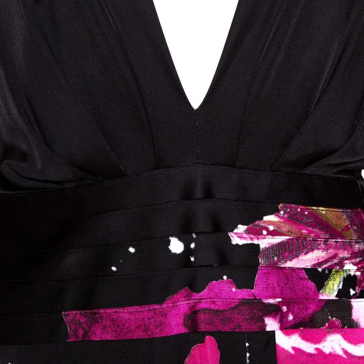 Pre Owned Roberto Cavalli Black Floral Print Stretch Knit Plunge Neck Dress M