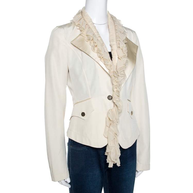 Pre Owned Roberto Cavalli Cream Cotton Blend Ruffle Detail Jacket M