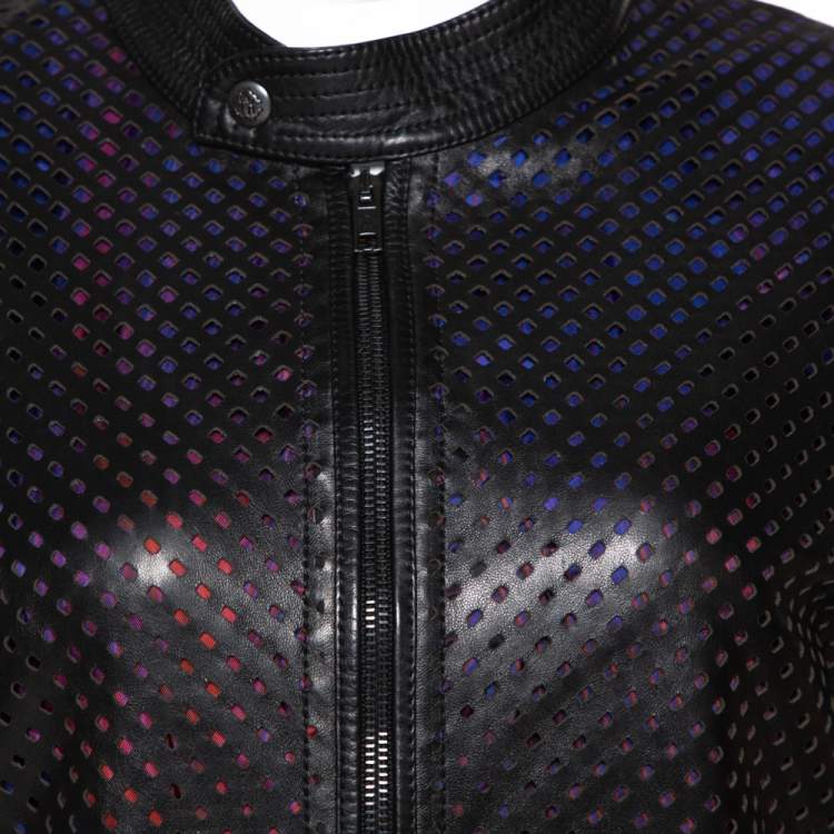 Pre Owned Roberto Cavalli Black Laser Cut Leather Jacket L