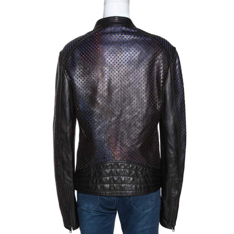 Pre Owned Roberto Cavalli Black Laser Cut Leather Jacket L
