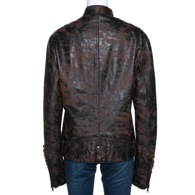 Pre Owned Roberto Cavalli Brown Printed Effect Calf Leather Zip Front Jacket XL
