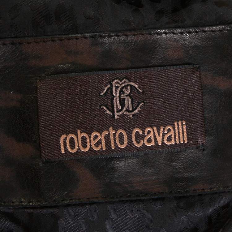 Pre Owned Roberto Cavalli Brown Printed Effect Calf Leather Zip Front Jacket XL