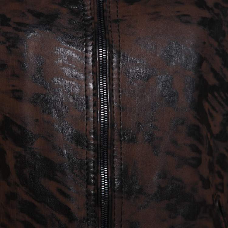 Pre Owned Roberto Cavalli Brown Printed Effect Calf Leather Zip Front Jacket XL