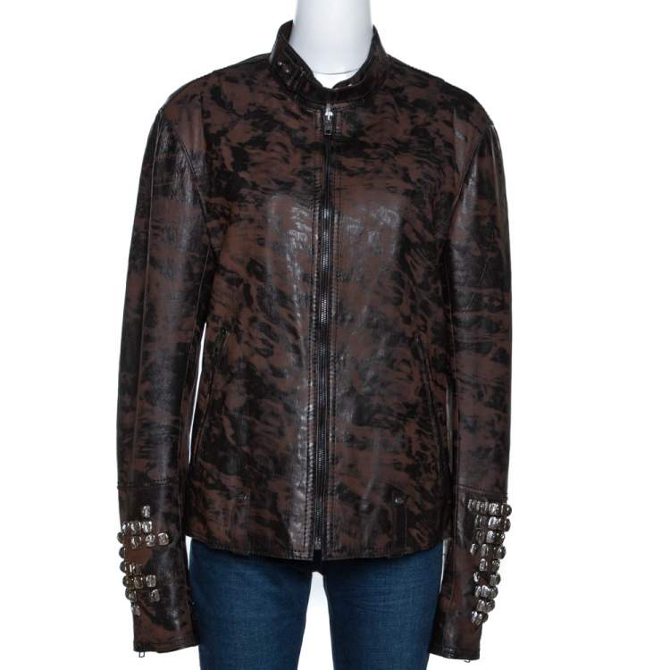 Roberto Cavalli Brown Printed Effect Calf Leather Zip Front Jacket XL ...