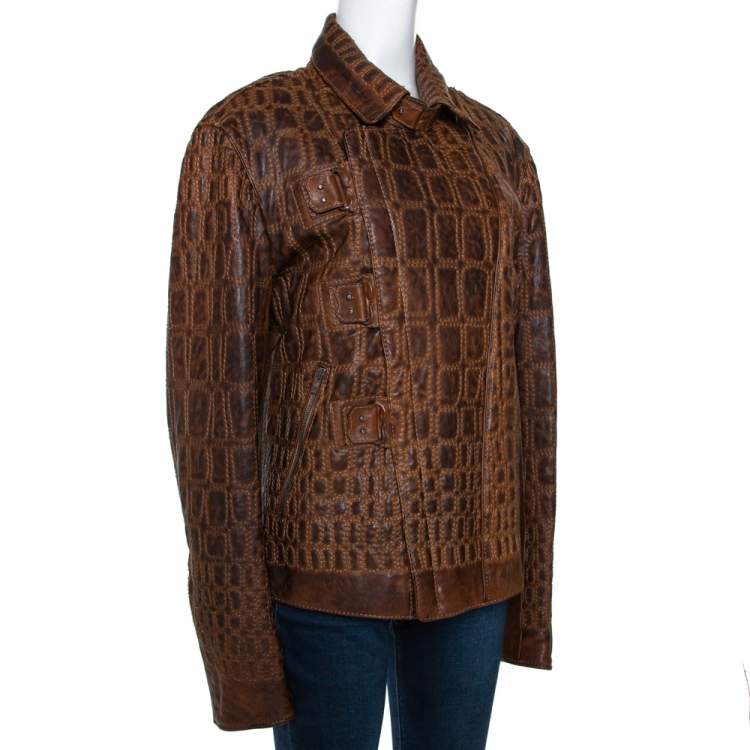 Pre Owned Roberto Cavalli Vintage Tan Brown Embroidered Calf Leather Moto Jacket XL