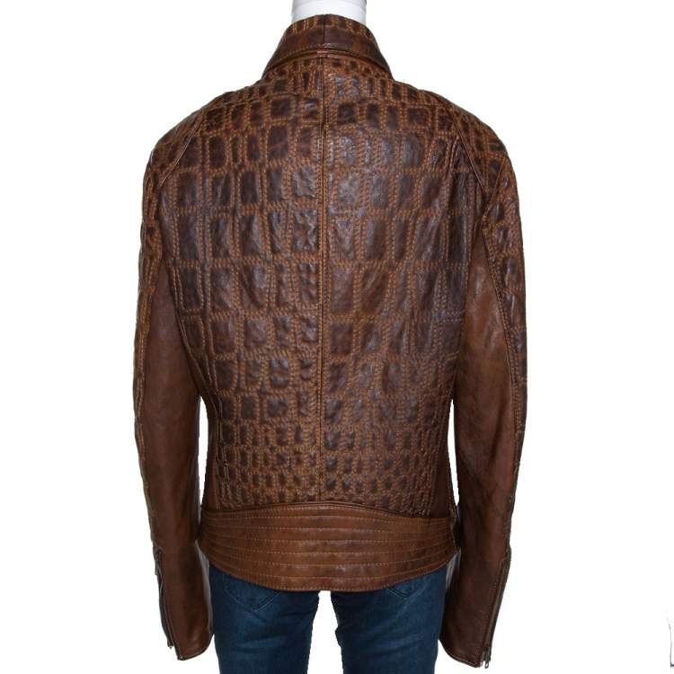Pre Owned Roberto Cavalli Vintage Tan Brown Embroidered Calf Leather Moto Jacket XL