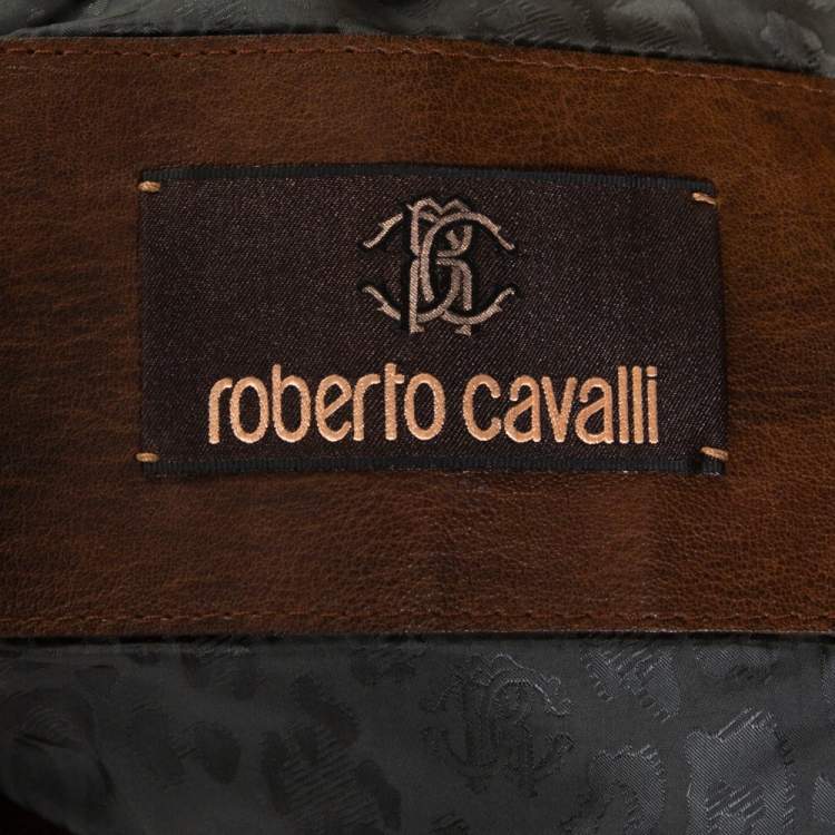 Pre Owned Roberto Cavalli Vintage Tan Brown Embroidered Calf Leather Moto Jacket XL