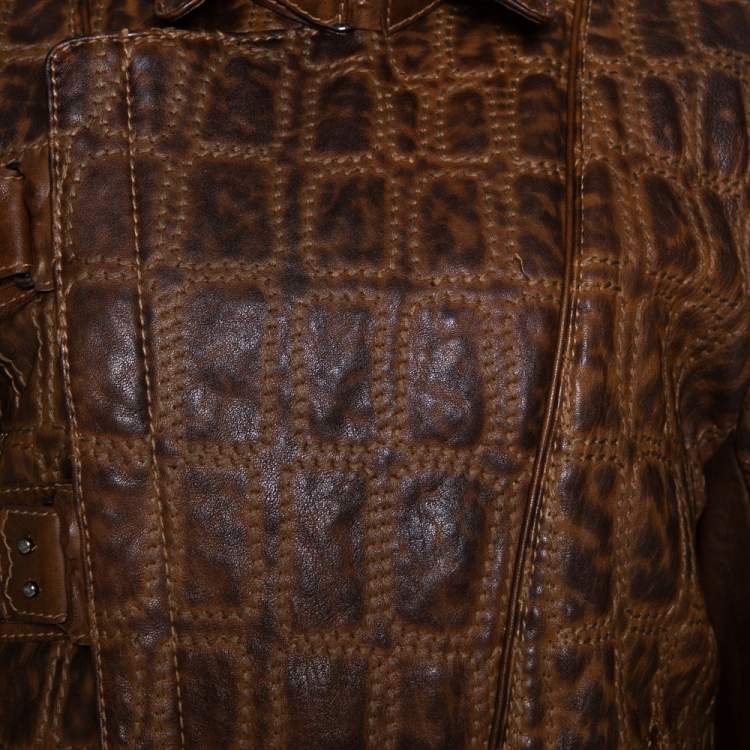 Pre Owned Roberto Cavalli Vintage Tan Brown Embroidered Calf Leather Moto Jacket XL