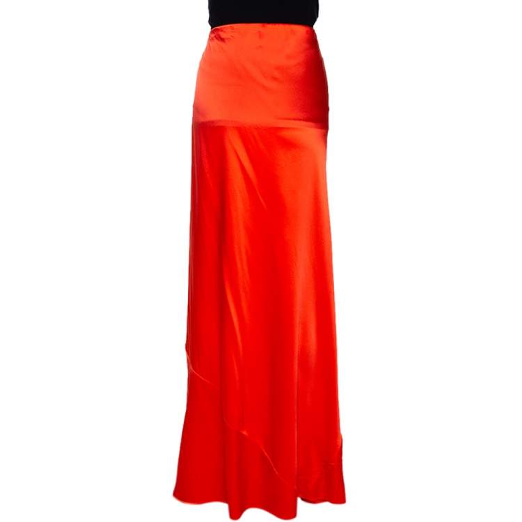 مملوكة مسبقًا Roberto Cavalli Bright Orange Satin Silk Flared Maxi Skirt L